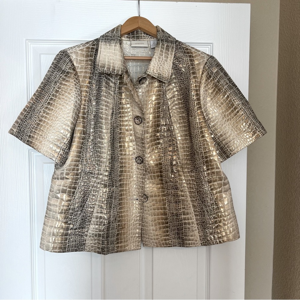 Chico’s Metallic Alligator Print Blazer Jacket Size 2 (Medium) Swing Sty…